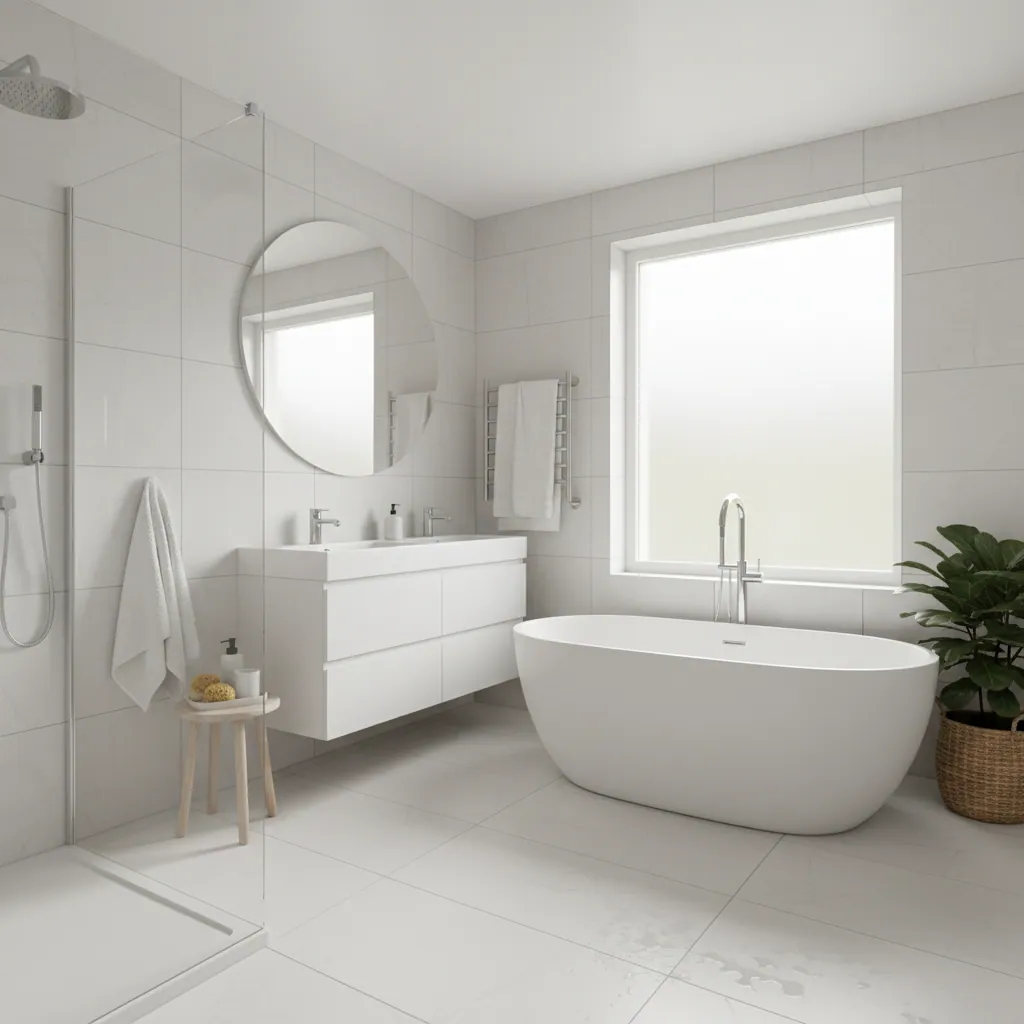 Finished Plymouth bathroom with warm tiled floor over underfloor heating